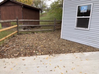 No grass seed left side of shed, no concrete seams