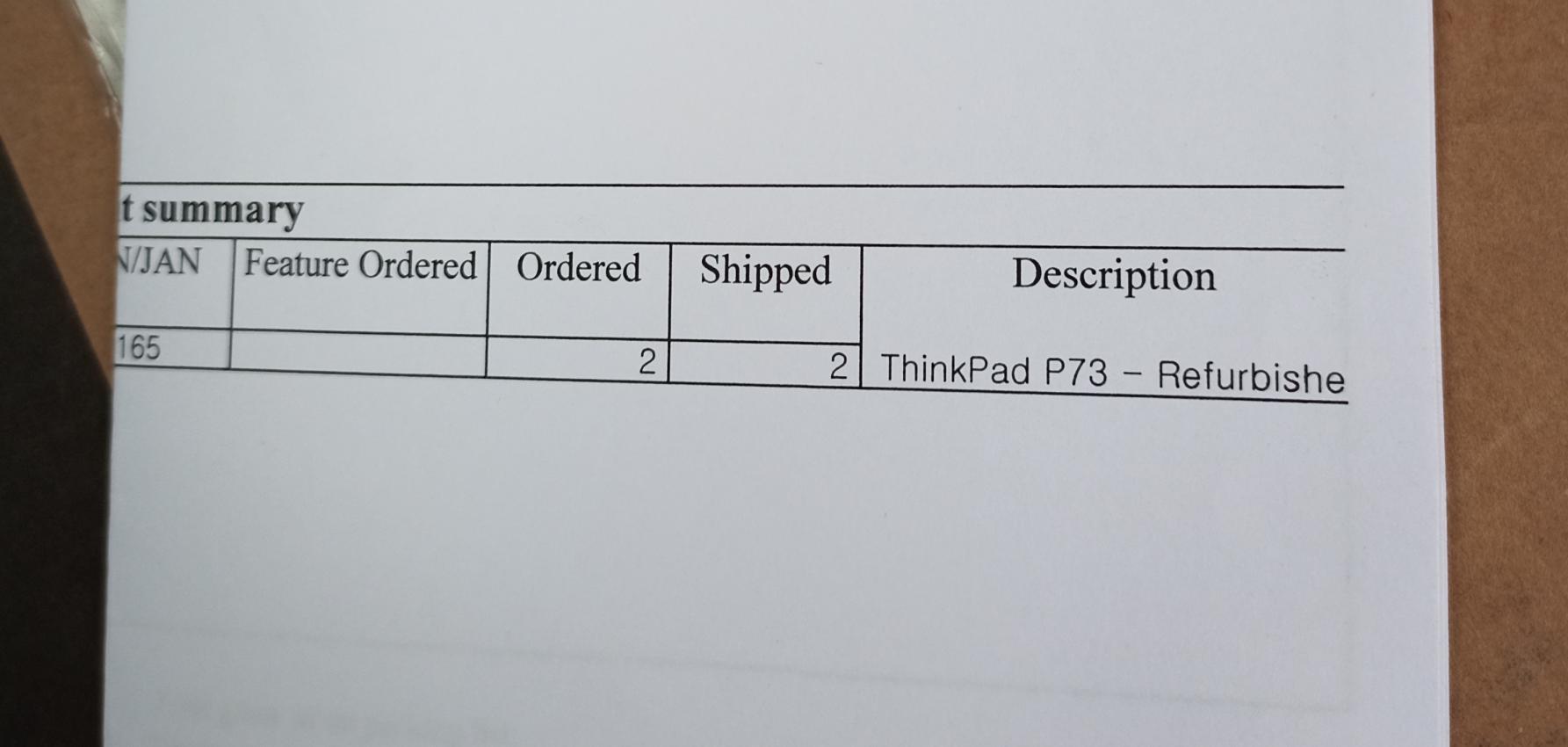 The packaging list, my order is for ThinkPad P73