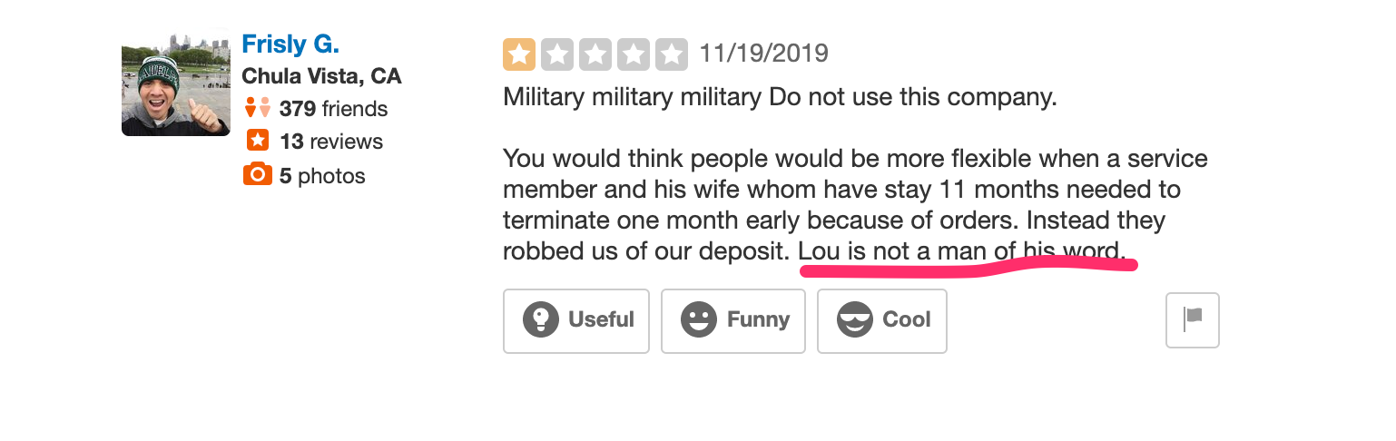 Review about Lou C. being untrustworthy