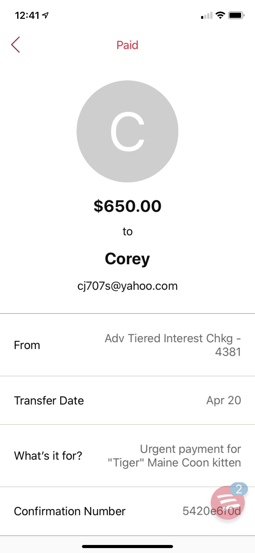 Proof of payment with his email