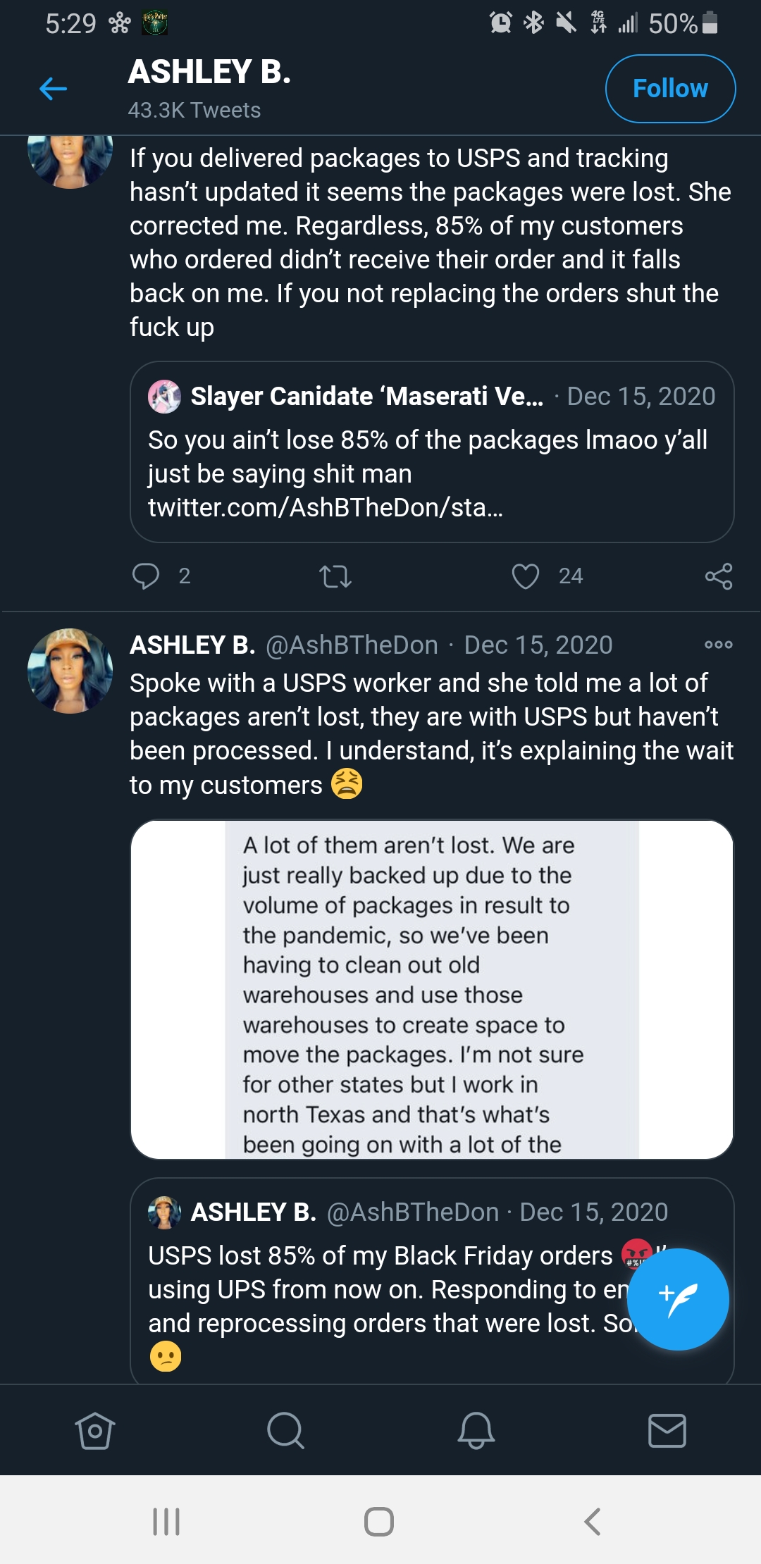 Posts from owner about 85% of packages lost