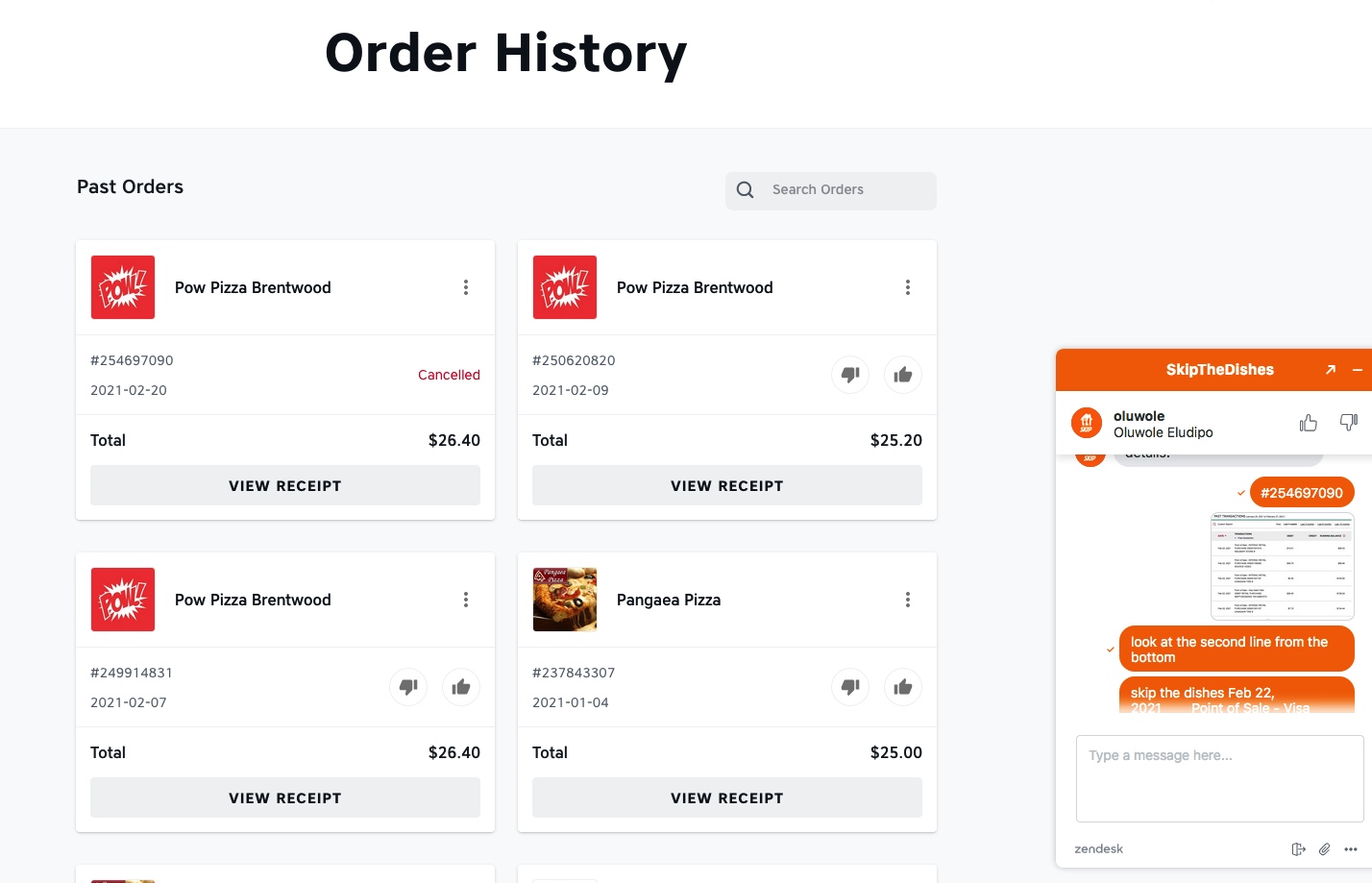 Skip the Dishes order history