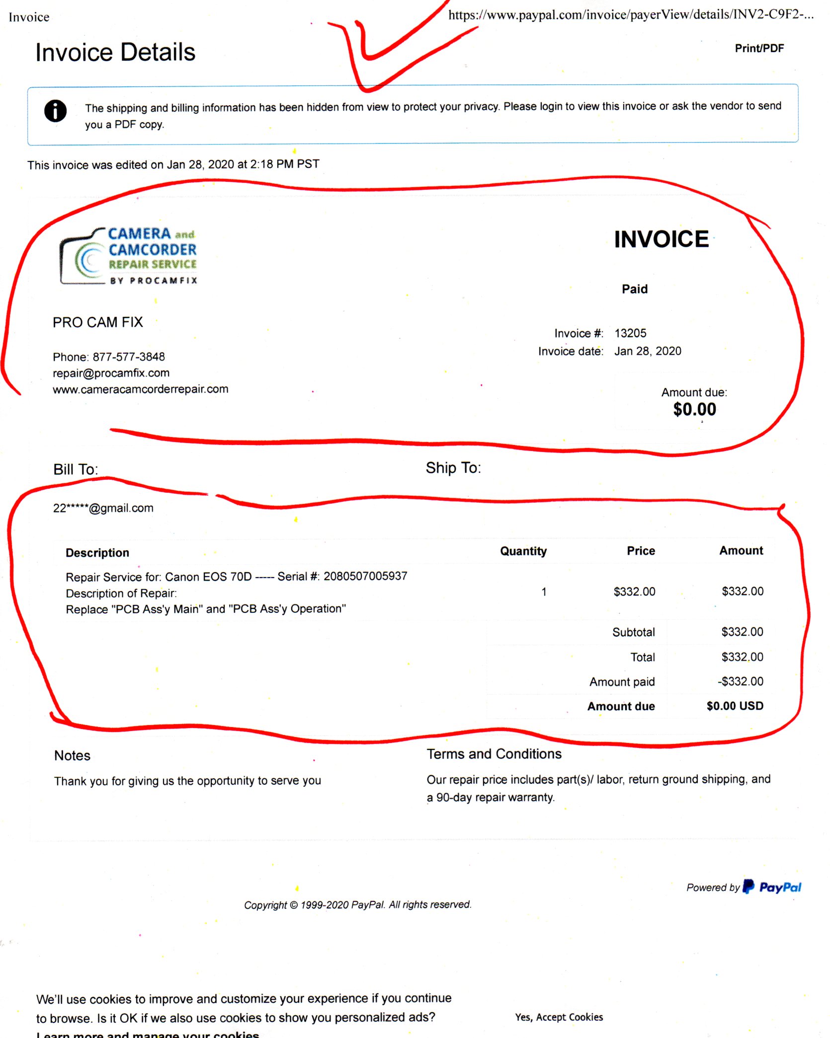Bill Paid In Full by Paypal - Receipt