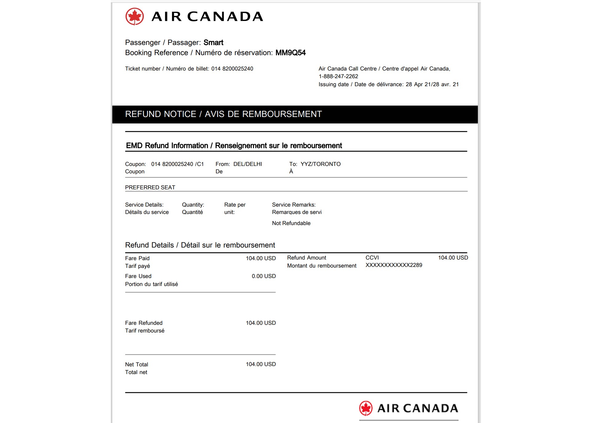 Validating my request for refund by Air Canada on 