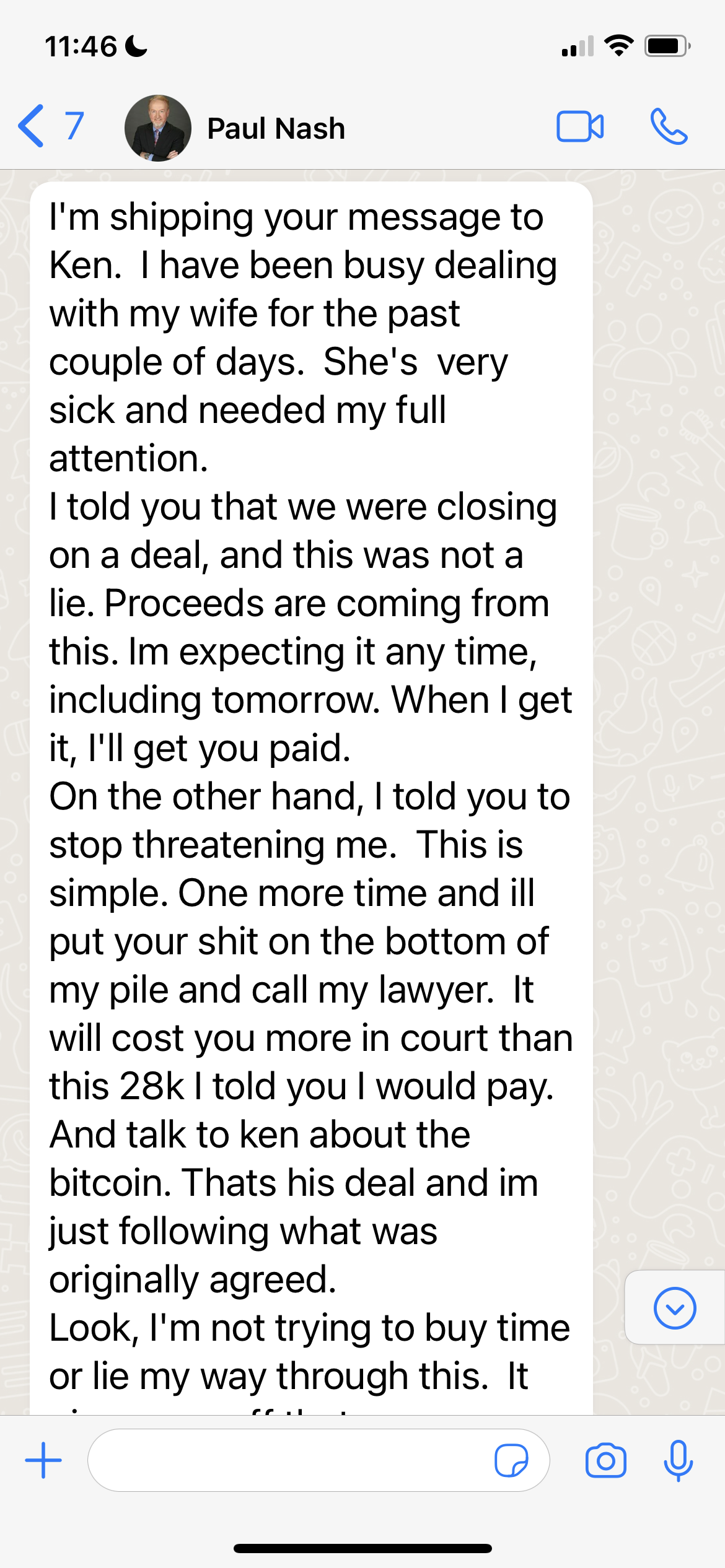 last message I received from him threatening suit 