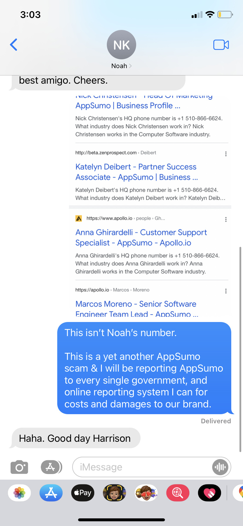 SMS to CEO Noah Kagan -3