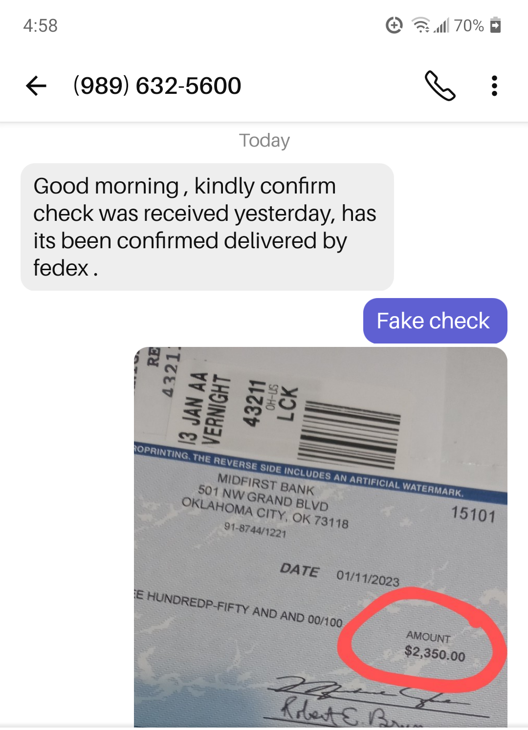 Text from FRANK EDWARDS about check 