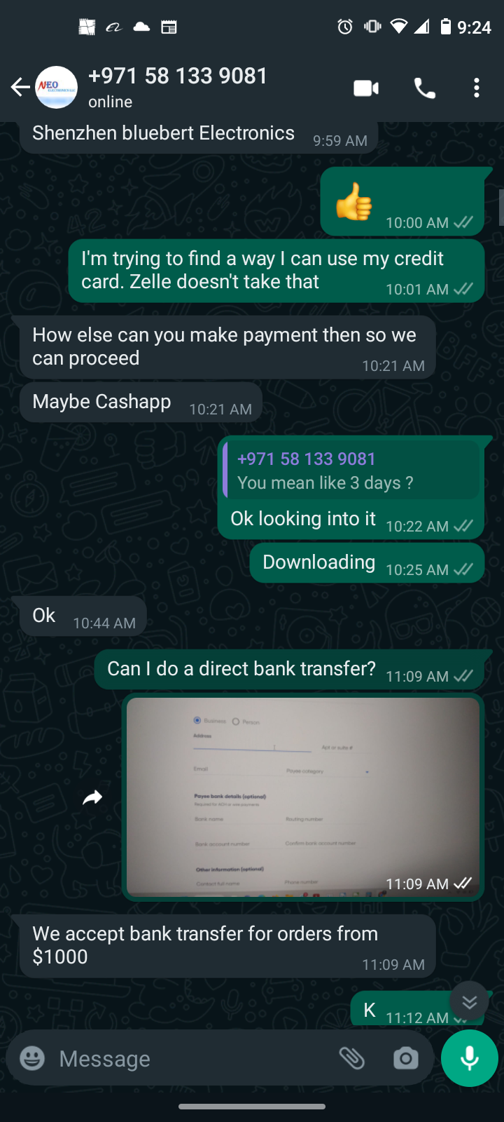 Whatsapp and Alibaba conversations with name 