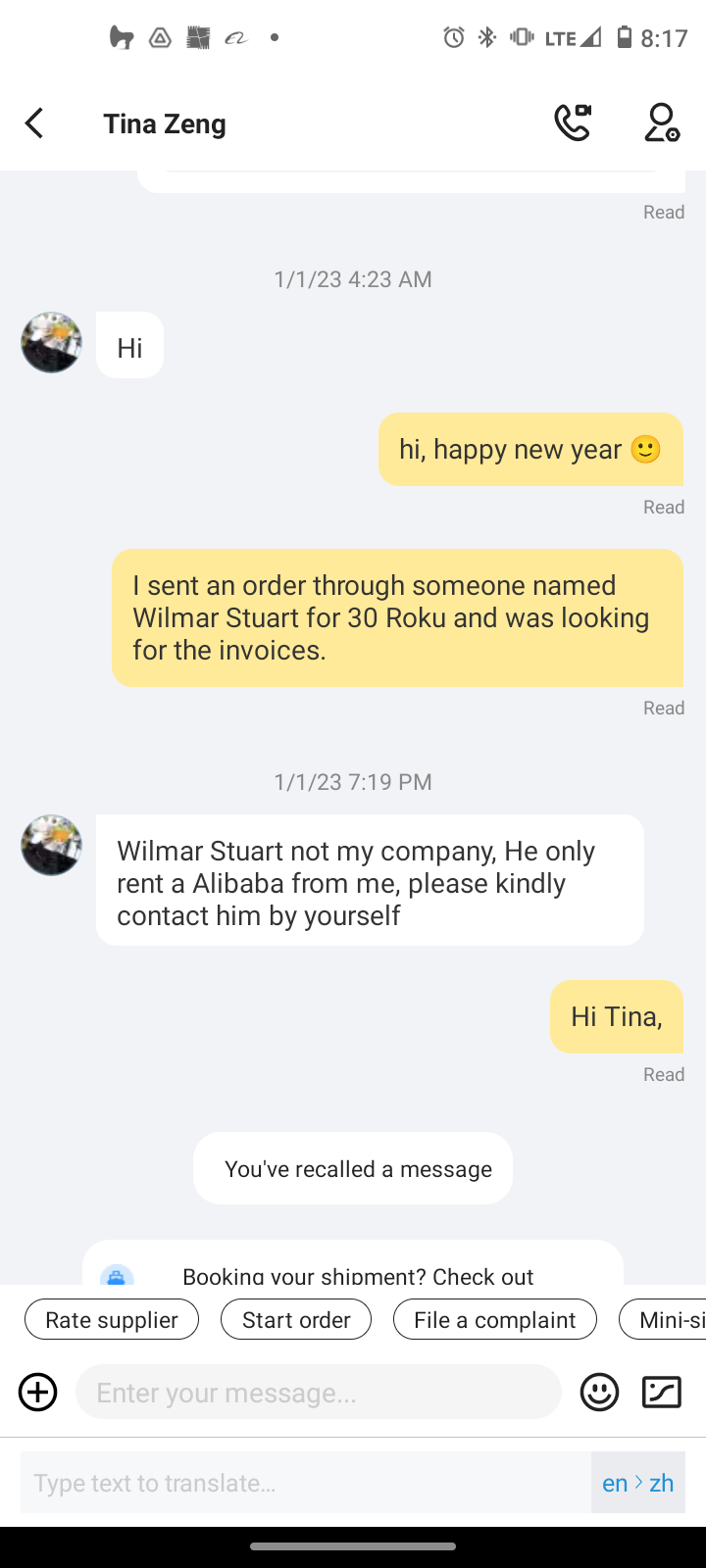 Whatsapp and Alibaba conversations with name 