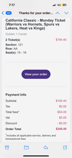 My order - date, purchase price, and tickets