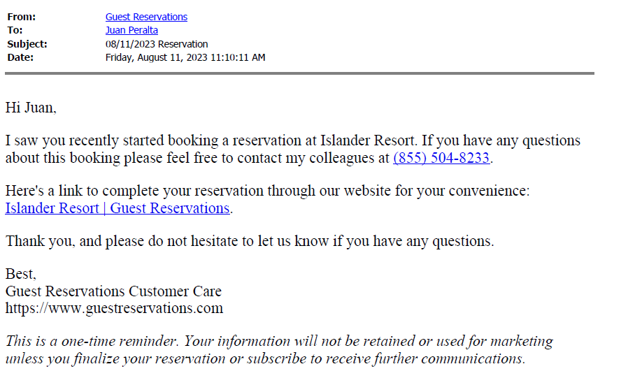 email recieved stating the reservation not finaliz