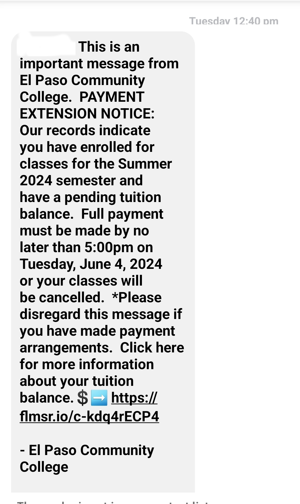 tuition deadline, text message: june 4