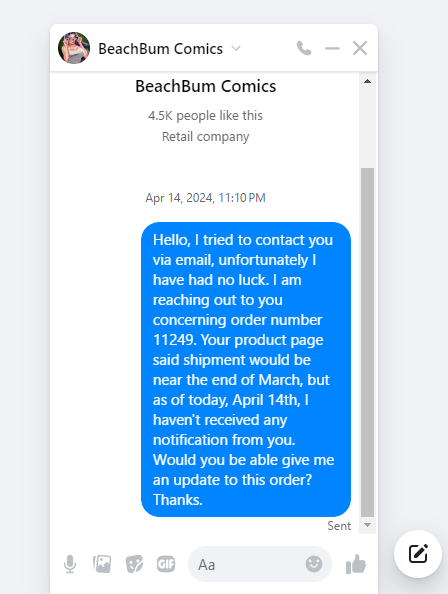 Screen shot of attempt to communicate via FaceBook