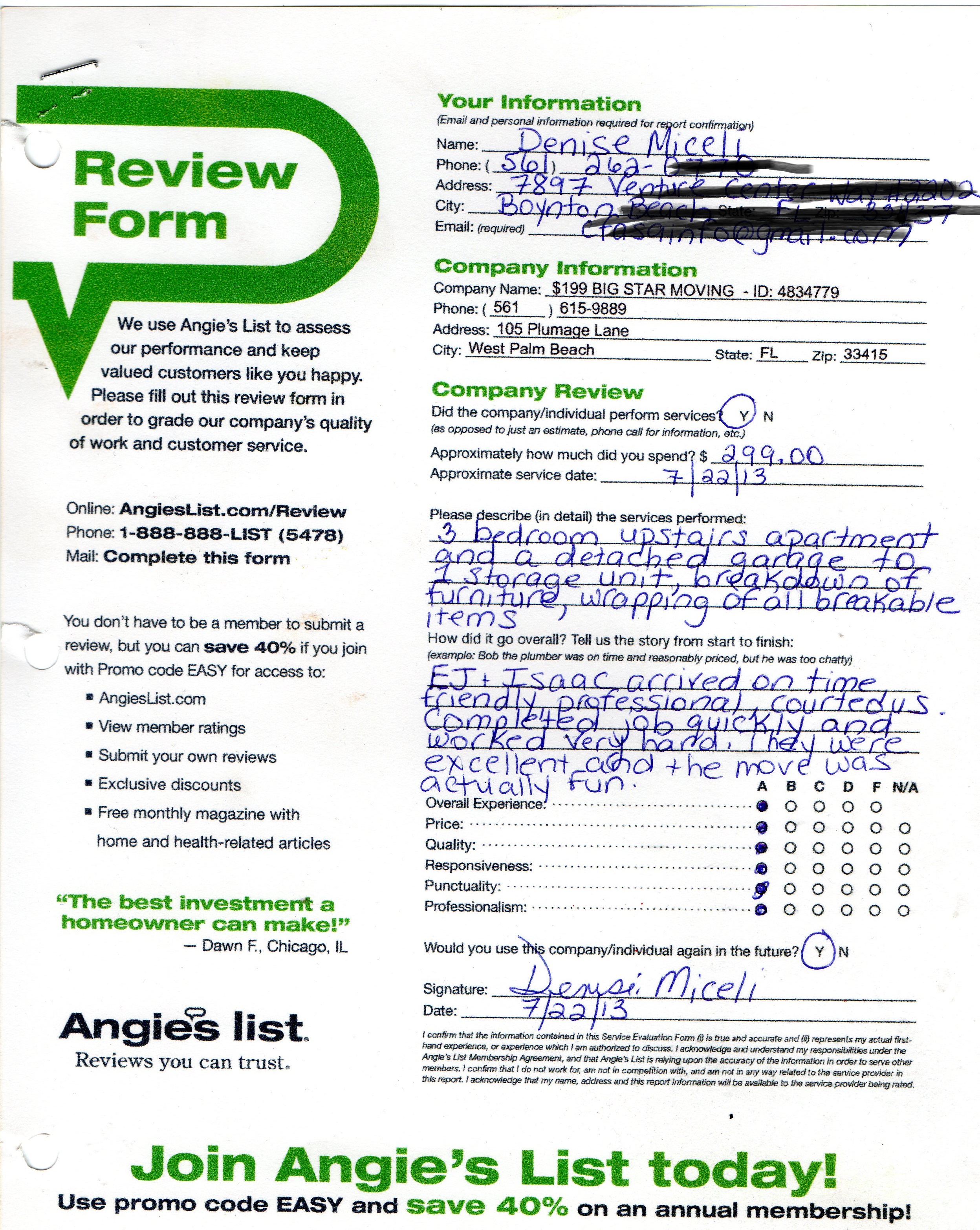 Review
Total 6 Big Star Moving Reviews
Rick Fox
5 Star Moving Rating
Mar 27, 2013
Moved within FL
Kudos to Big Star Moving for a job well done!!

I hired Big Star Moving for a move from West Palm beac
