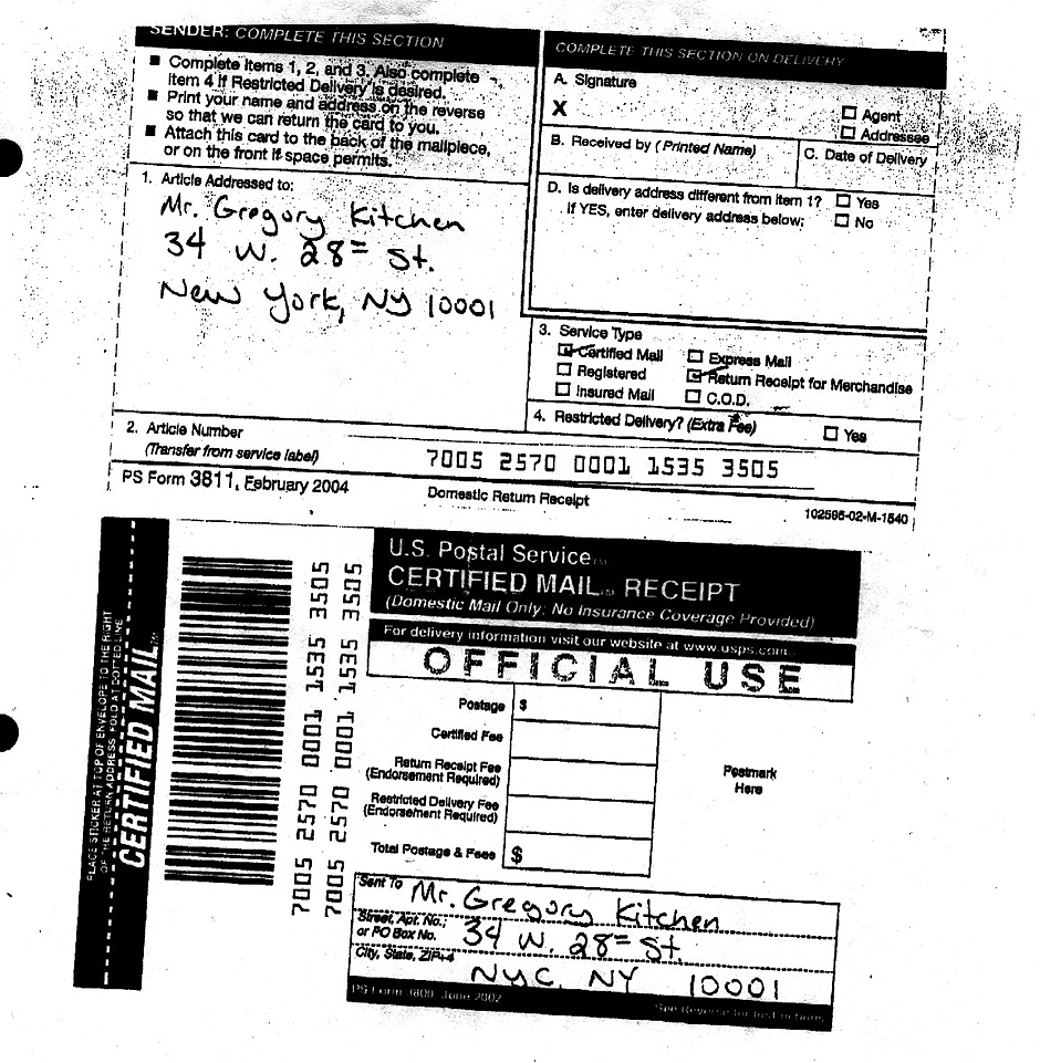 john cahill gave these blank postal receipts in court as valid in 4 different court motions