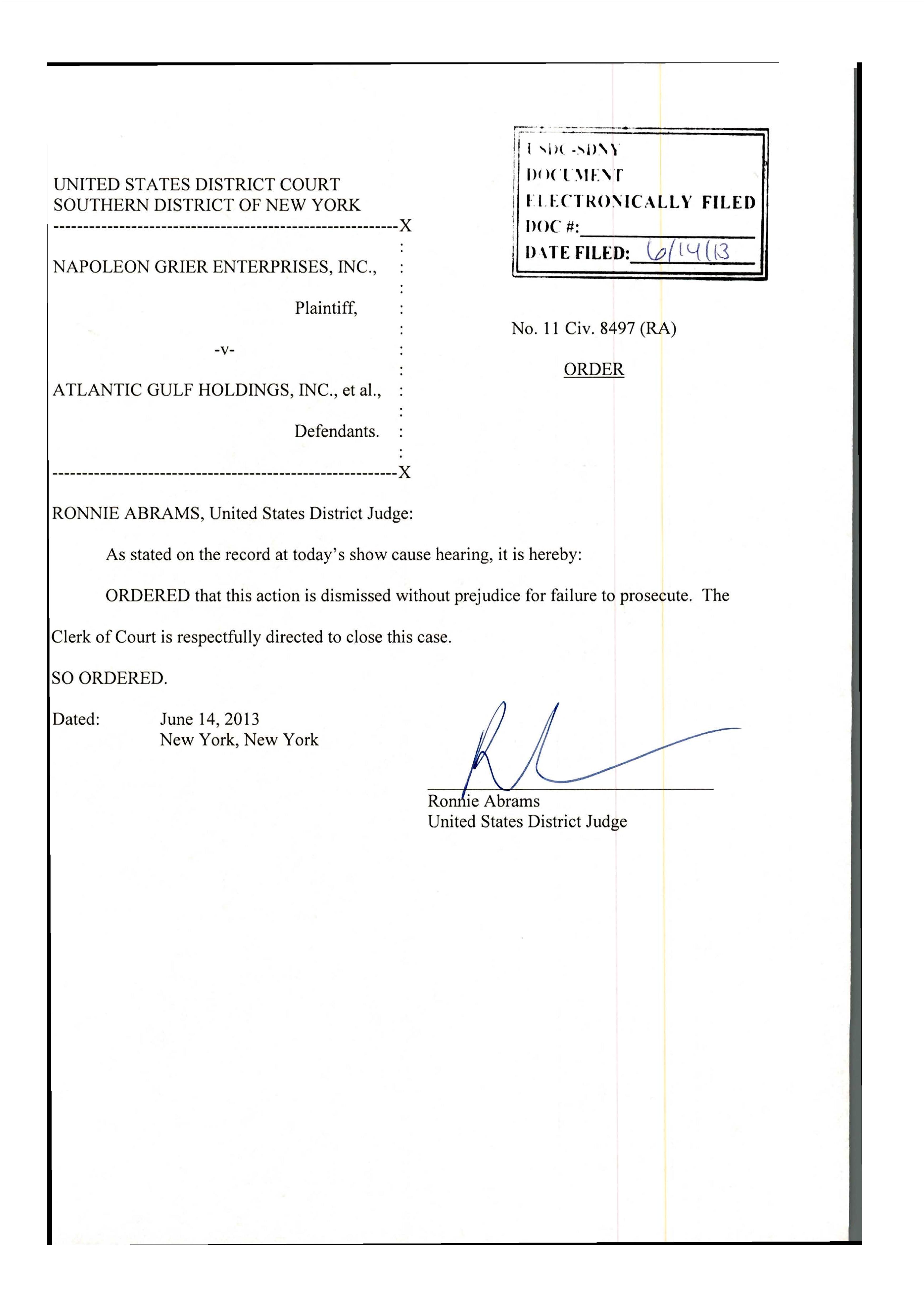 Court Order to Dismiss