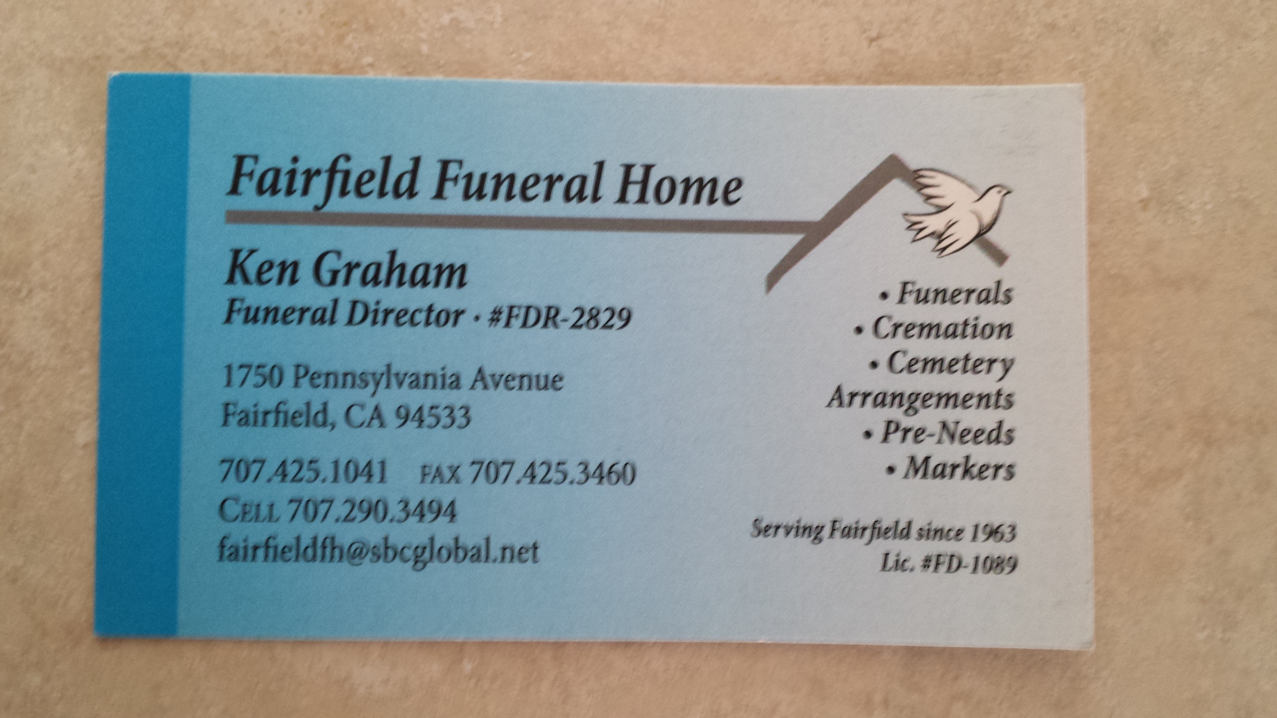 Fairfield Funeral Home- George contacts them to send funeral arrangements to the Sanders Family as a threat