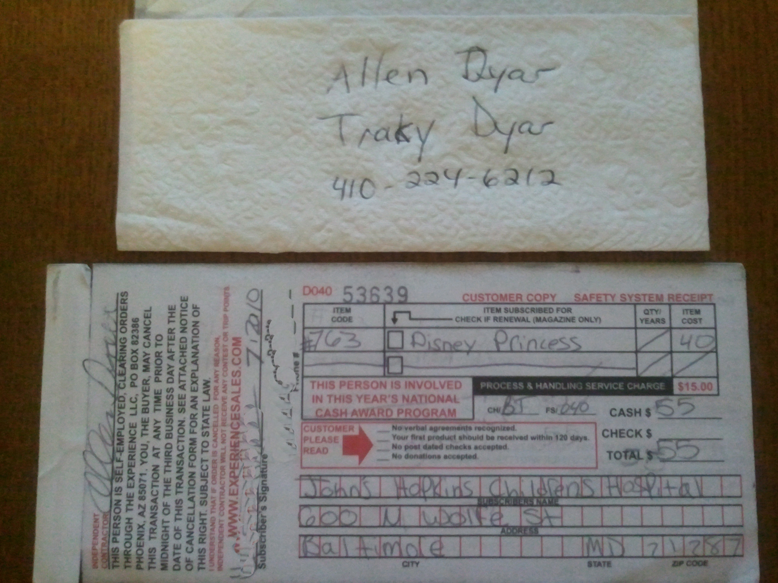 Receipt from "Allen Dyar"