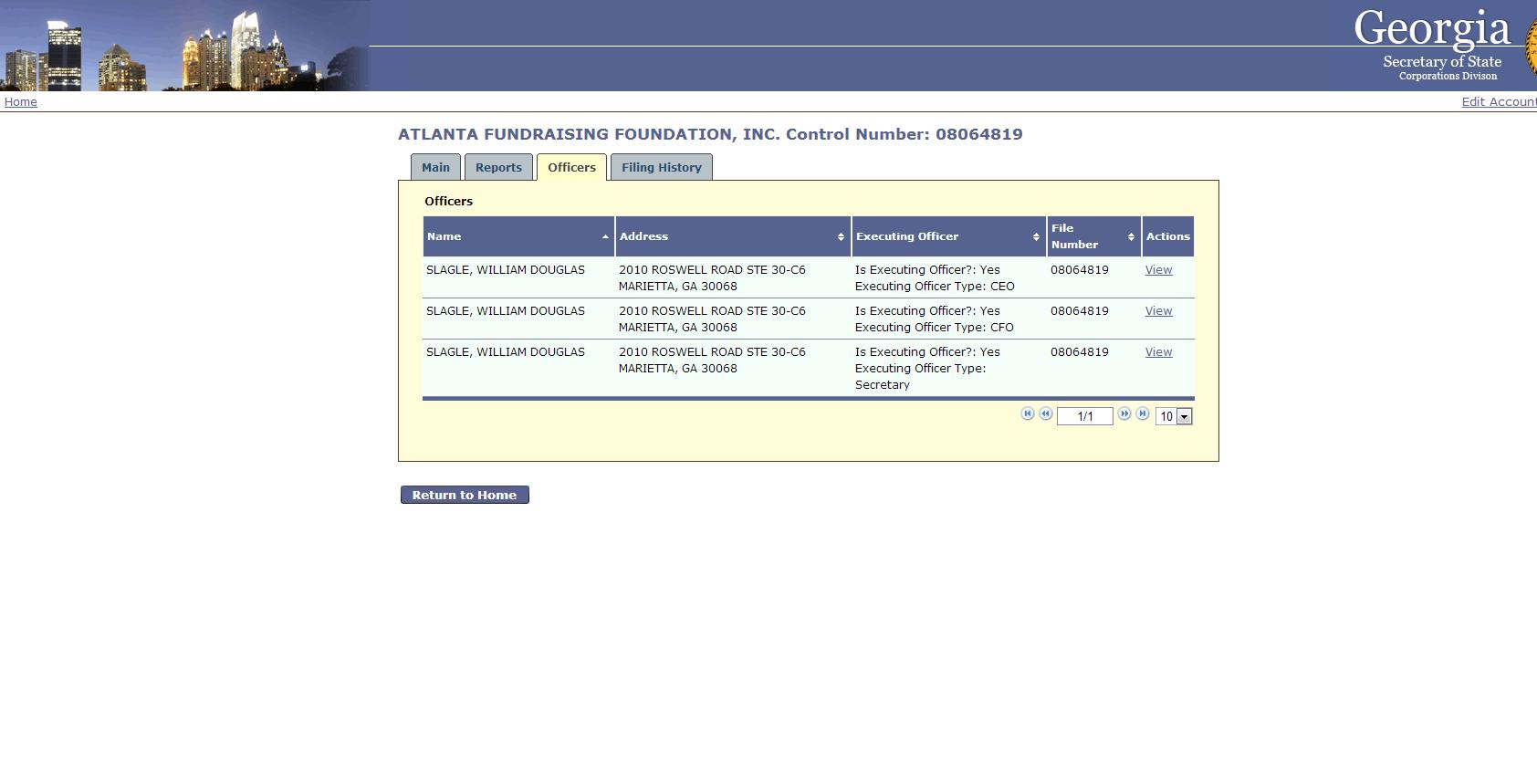 Screen shot of the public filing with the Secretary of State