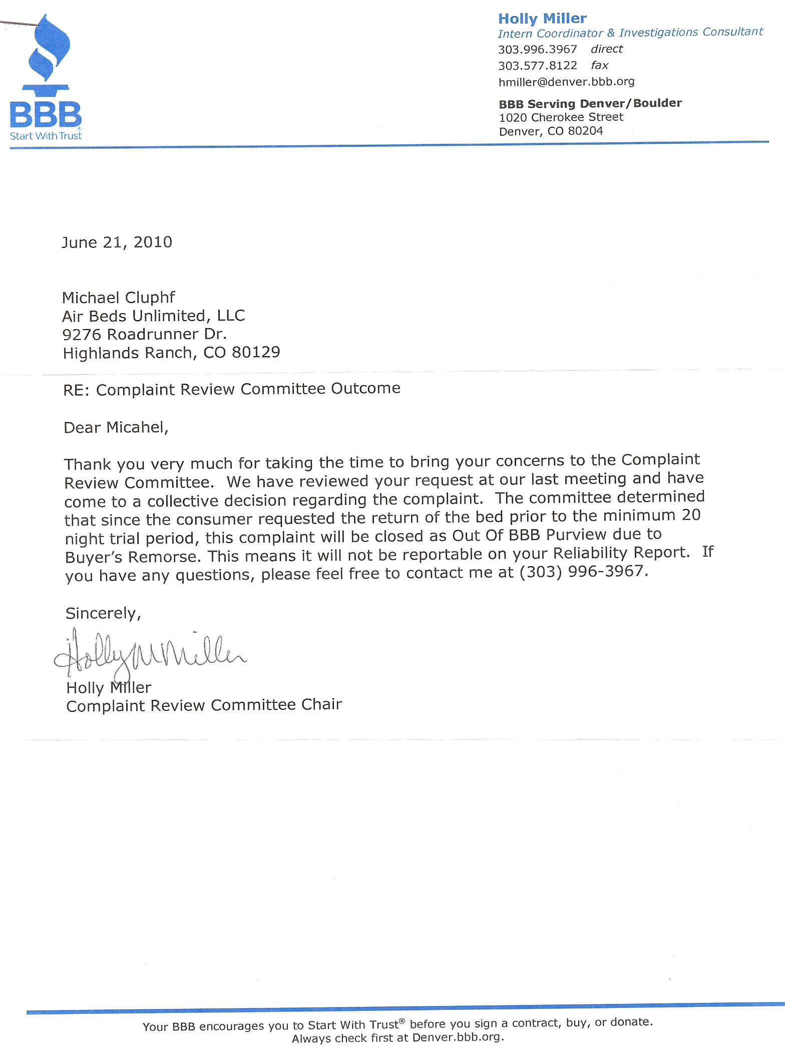 Copy of Dismissal Letter from the BBB.  Click to enlarge