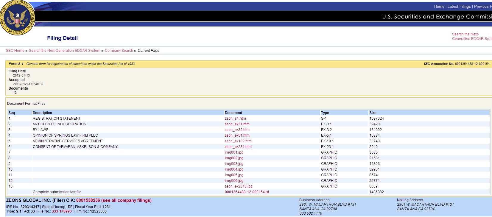 Zeons Global S1 Registration Statement 