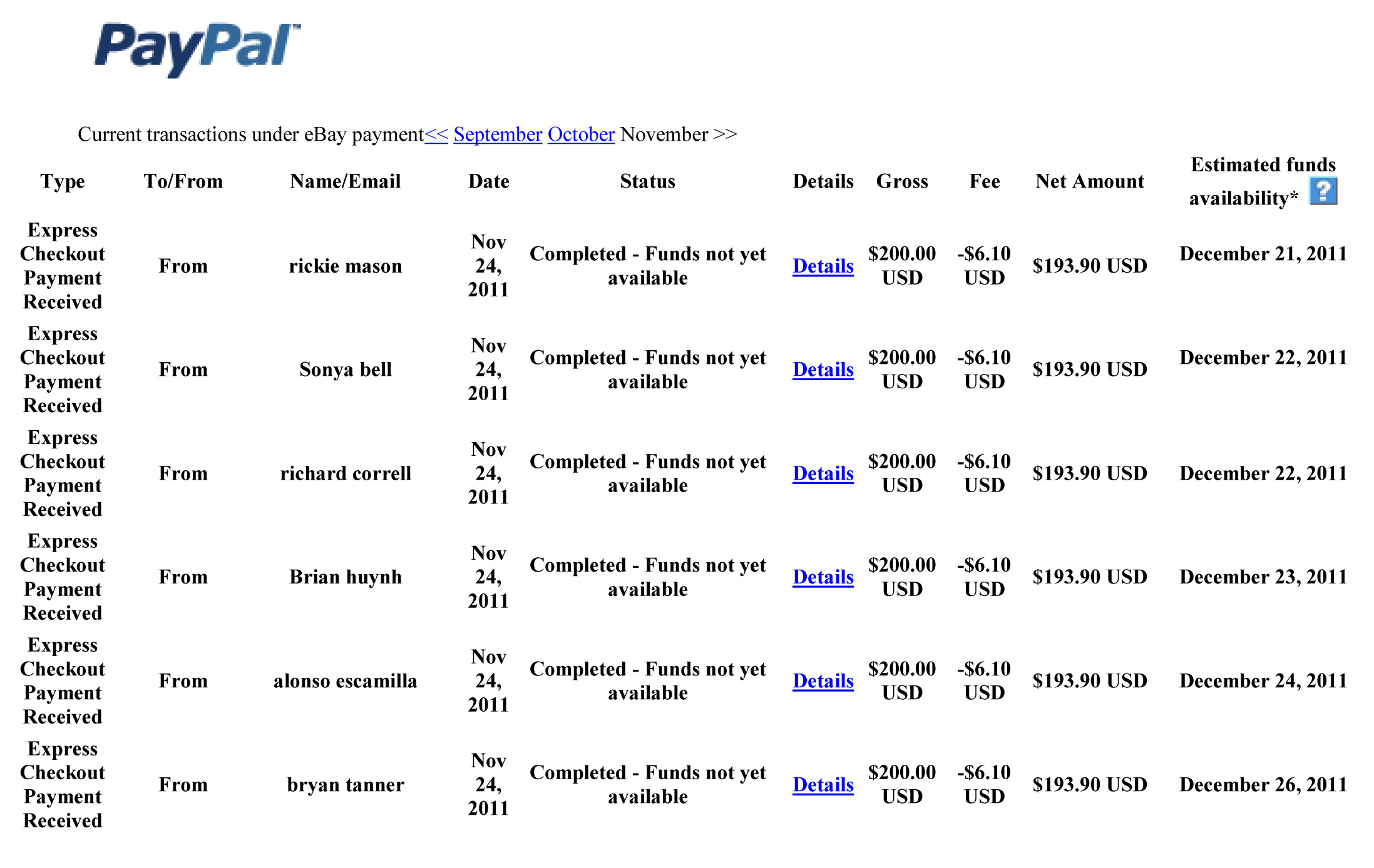 here is list of paypal transactions