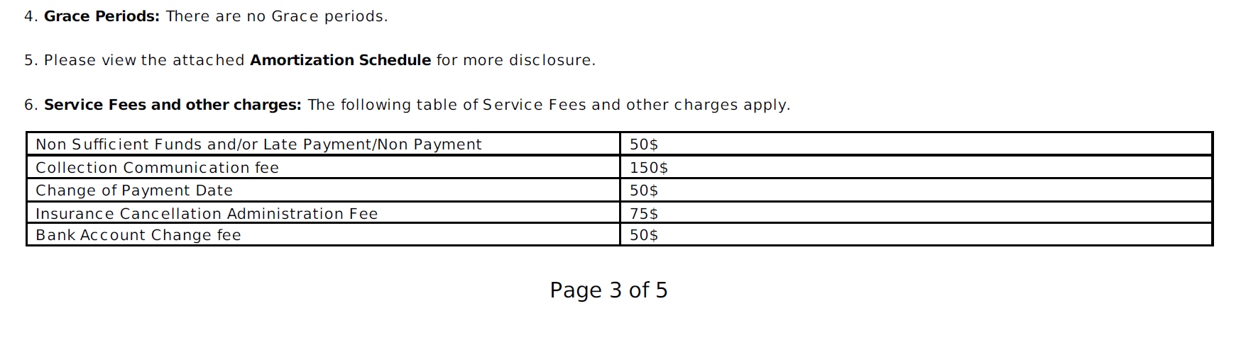 Print Screen of the Fees Section of Our Contract