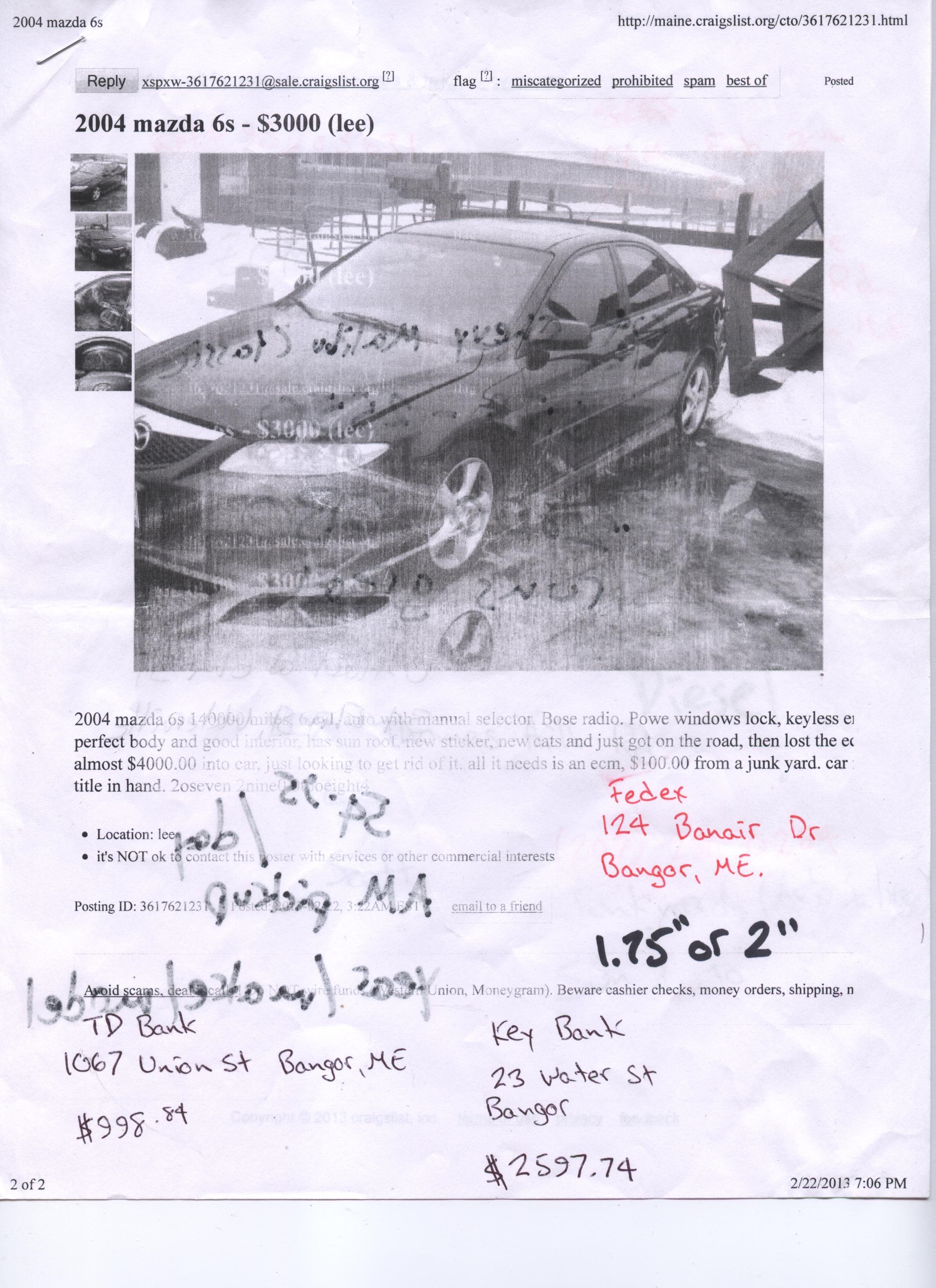 Fraudulent Mazda 6 s Craigslist Ad