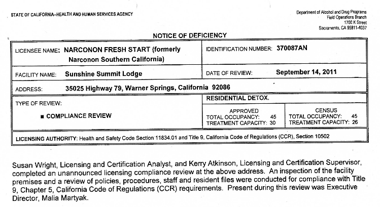 Sunshine Summit Lodge Licensing Inspection