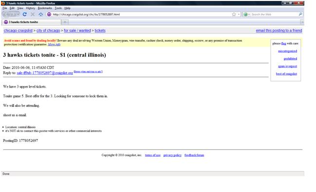 Screen shot of Craigslist ad posted by the scammer.