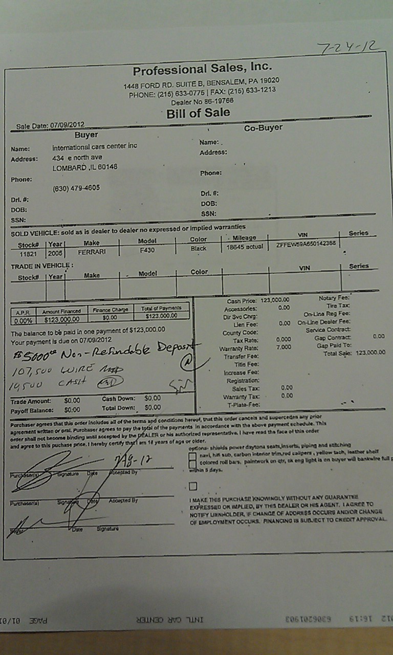 copy of bill of sale showing all dates and money received