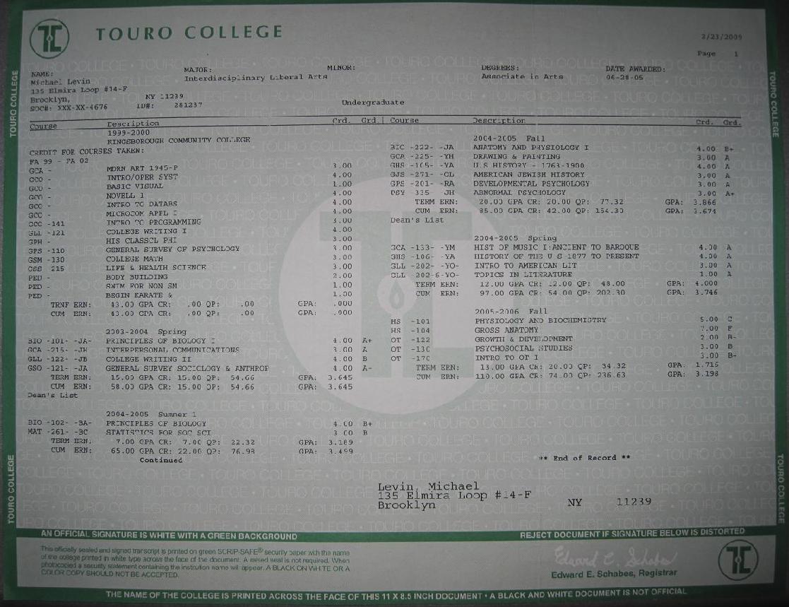 Touro College Official Transcript 2