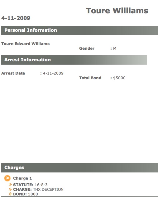 Toure Williams April 2009 arrest record