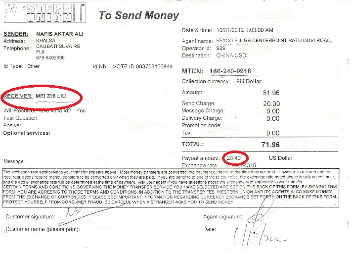Western Union Receipt sent to the person as advised by Rita 