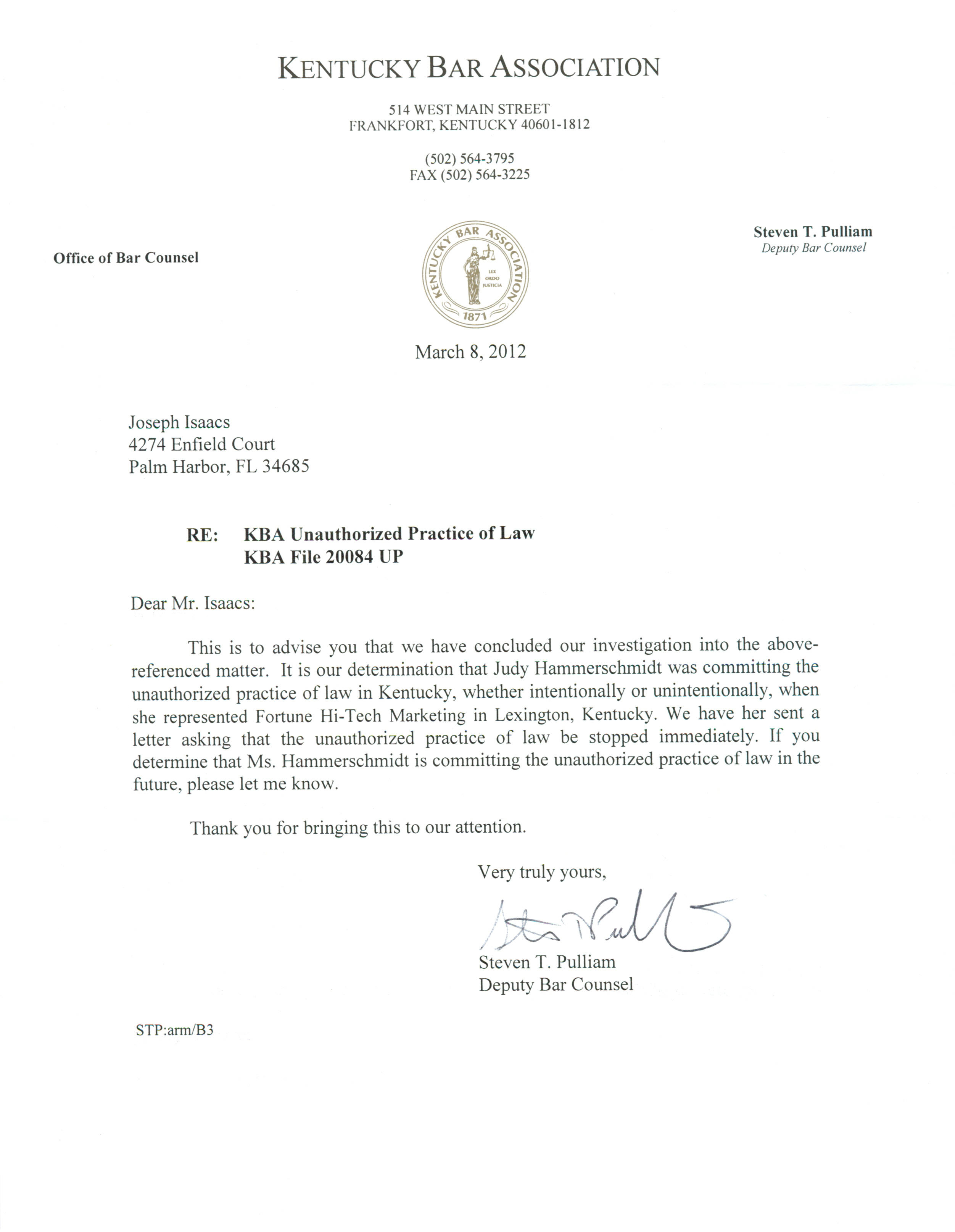 Letter from Kentucky Bar confirming the unauthorized practice of law by Judy Hammerschmidt