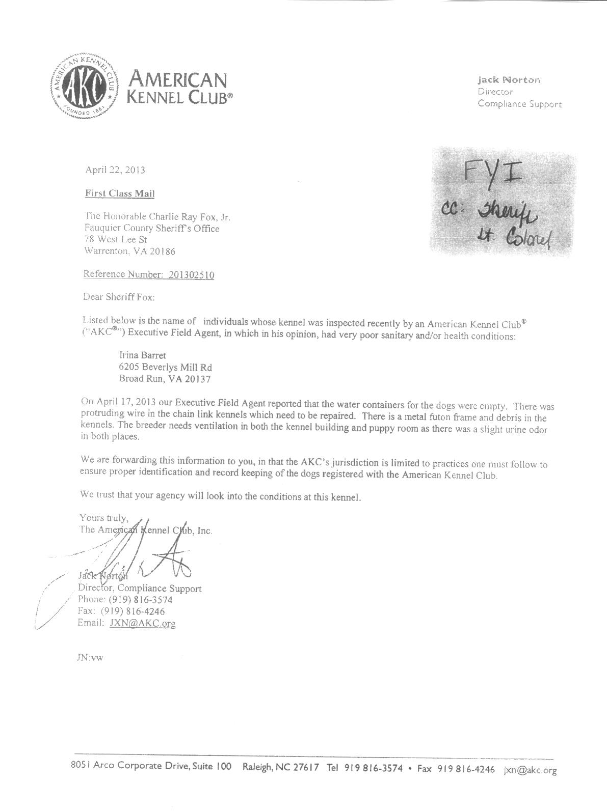 Letter from AKC to local sheriff about Irina Barett's kennel