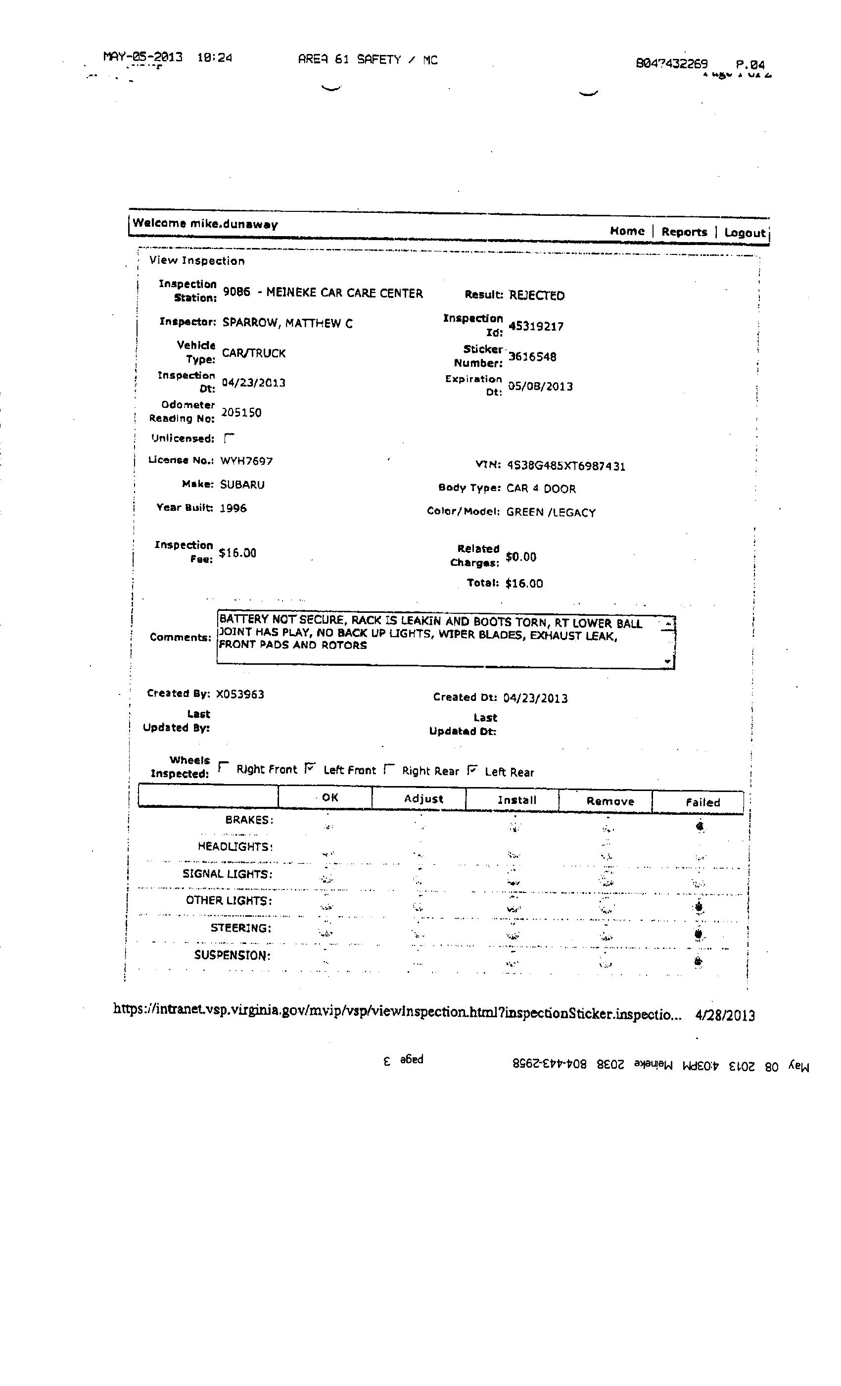 Inspection Report Page 2