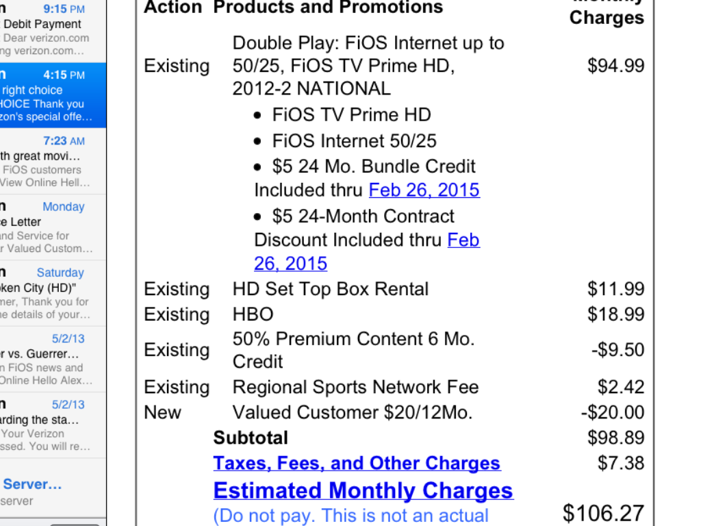 The first email bill I received... I have copies of all the referenced correspondence with the expected billing costs.