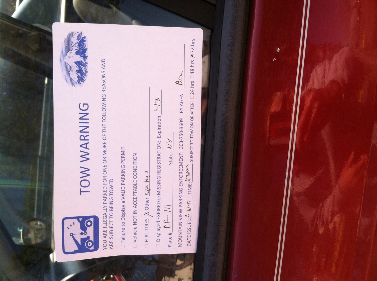 This is an example of the Tow Ticket Procedure that was supposed to be followed.  Greedy Matt Cooper either was not trained in protocol or just wanted a quick fee.  Note 72 hr window if warning; our v