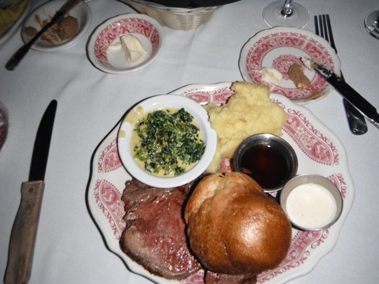 Prime Rib Dinner: Cold potatoes, Cold cream spinach, a whole lot of bread, but where's the beef??