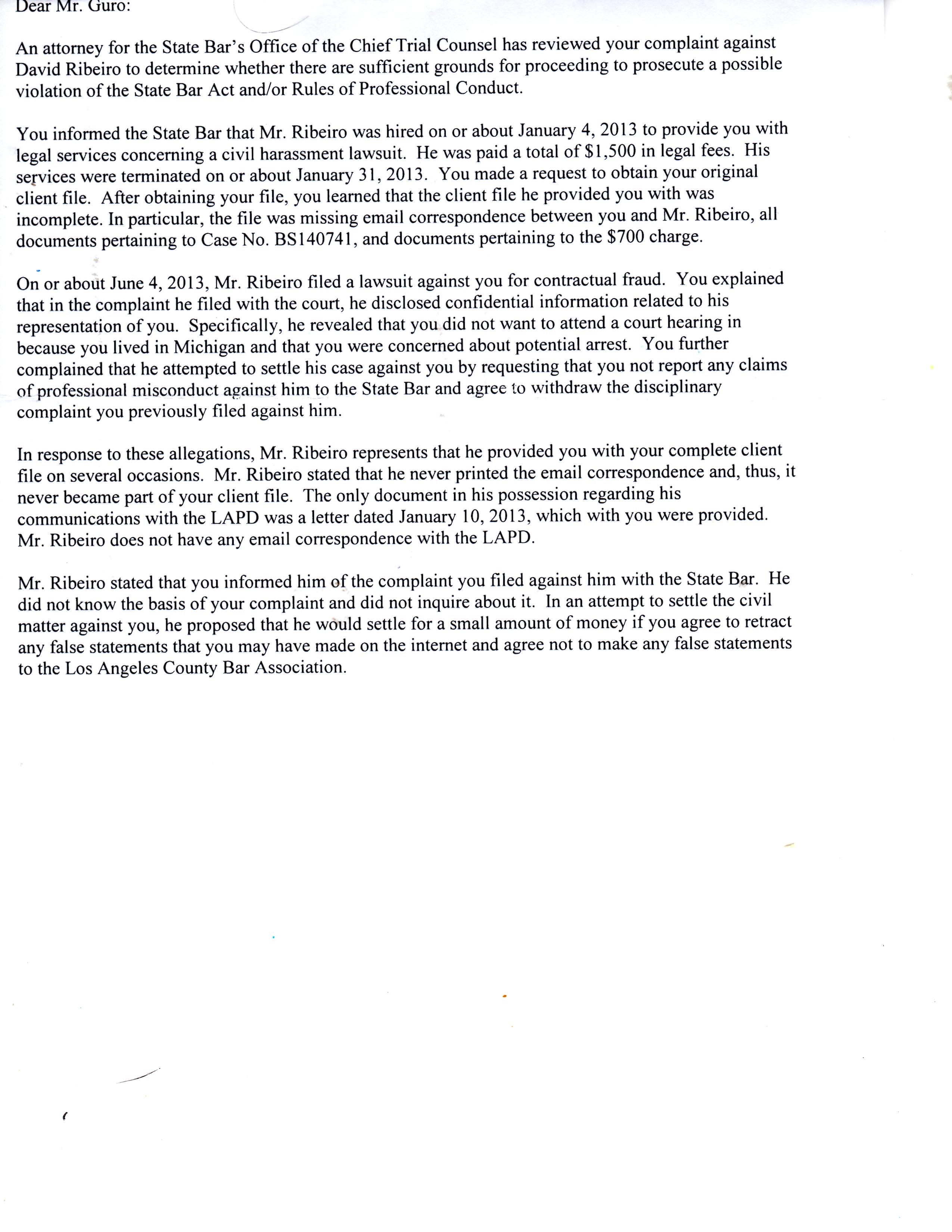 First Page - State Bar Response indicating lack of legal knowledge regarding file maintenance
