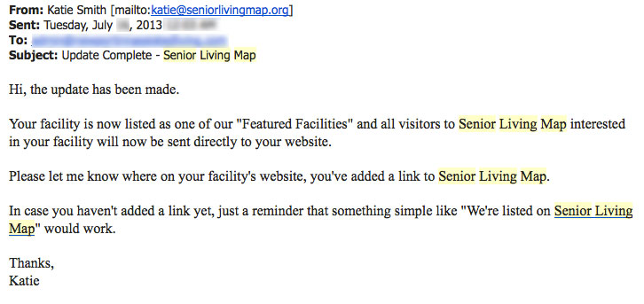 Senior Living Map email scam