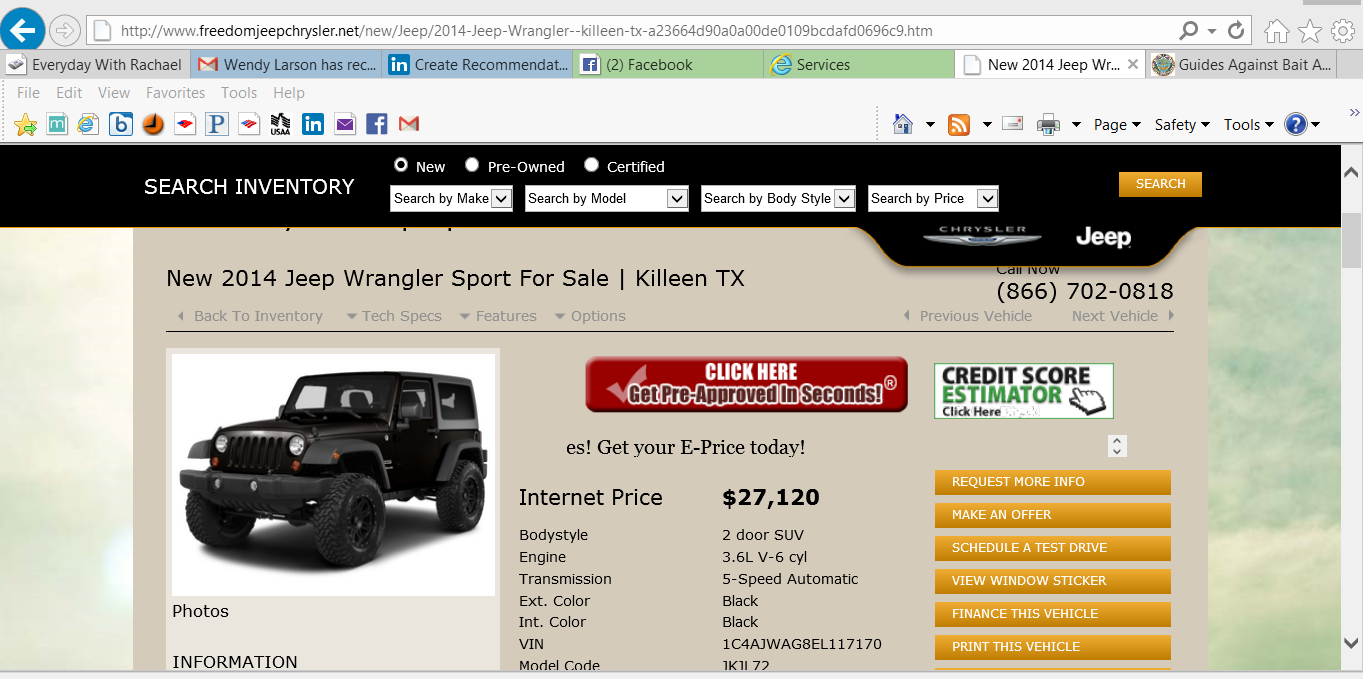 Advertising for 2014 Jeep Wrangler on Freedom Jeep Chrysler's website on 9/11/13.