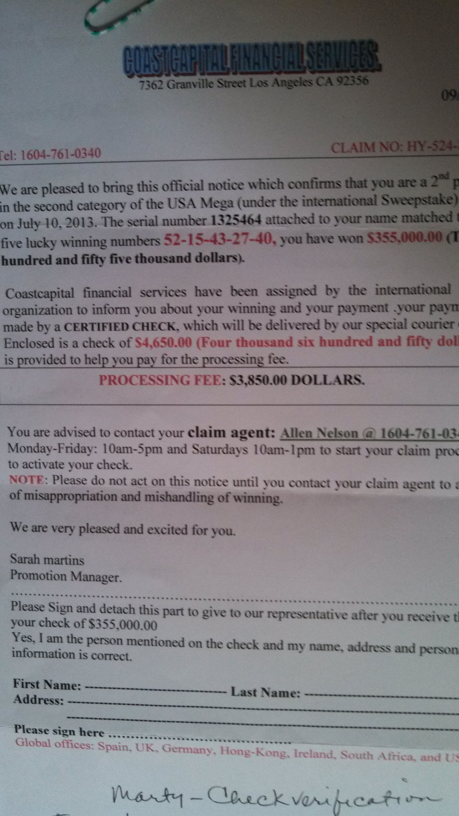 Sweepstakes Award Letter from CoastCapital Financial Services