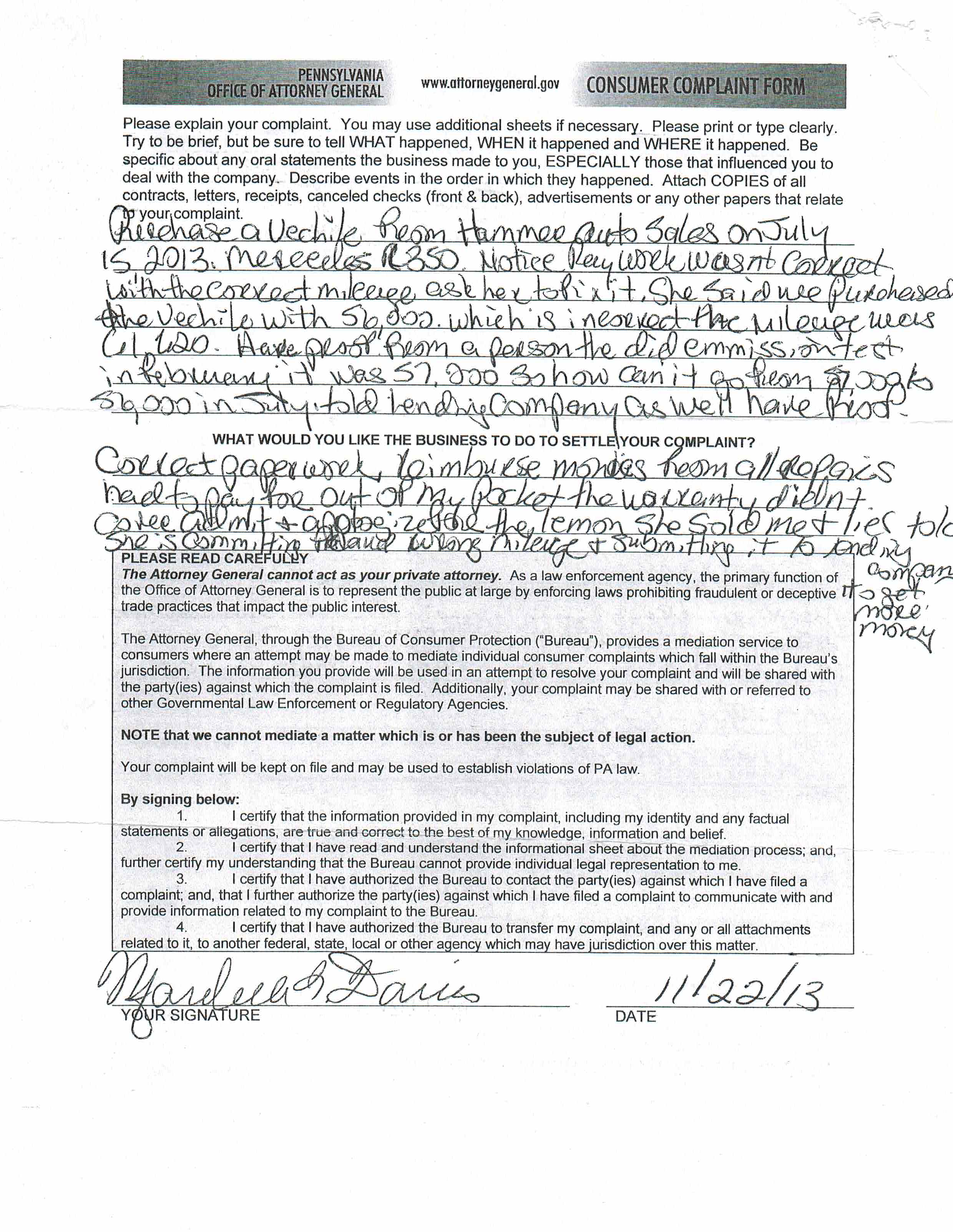 LAST PAGE OF ATTORNEY GENERAL COMPLAINT SHOWS DIFFERENT MILEAGE THAN WHAT SHE SAID ON RIP OFF REPORT AND ALL DOCUMENTS PROVIDED