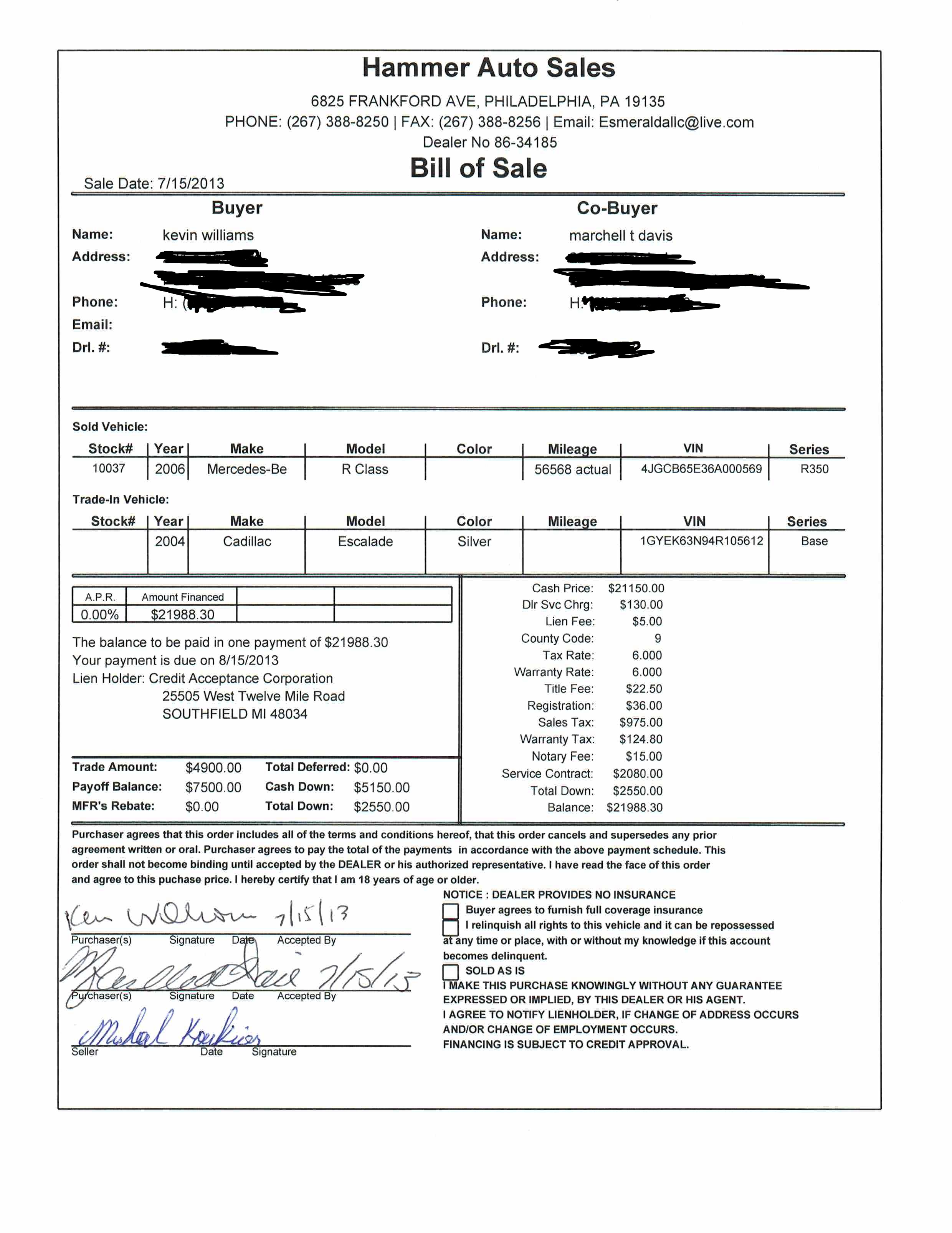 BILL OF SALE SHOWING SALES PRICE VEHICLE AND MILEAGE SIGNED BY BOTH PARTIES