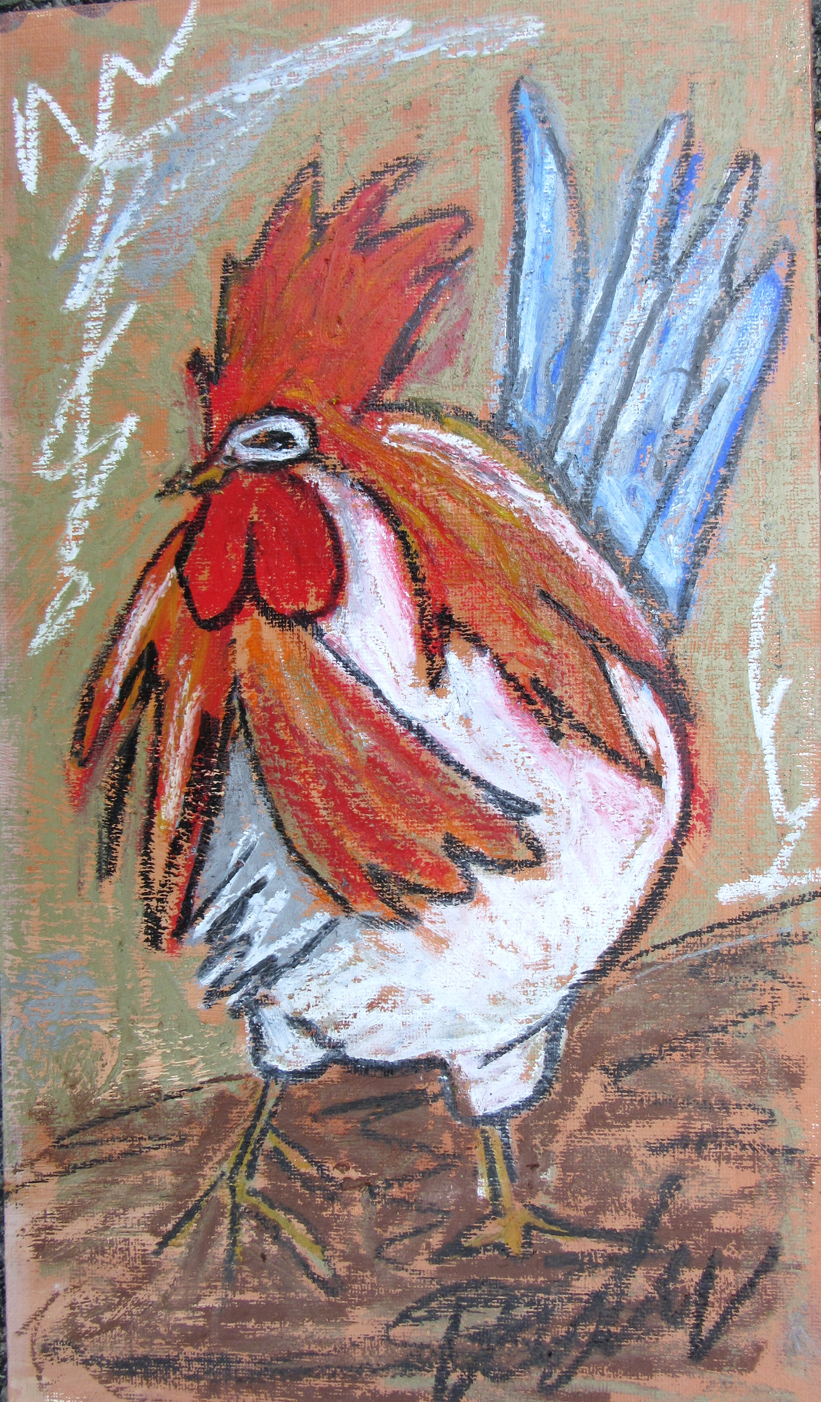 "BLUE TAILED ROOSTER"
16in x 9in
Oil on Canvas Board