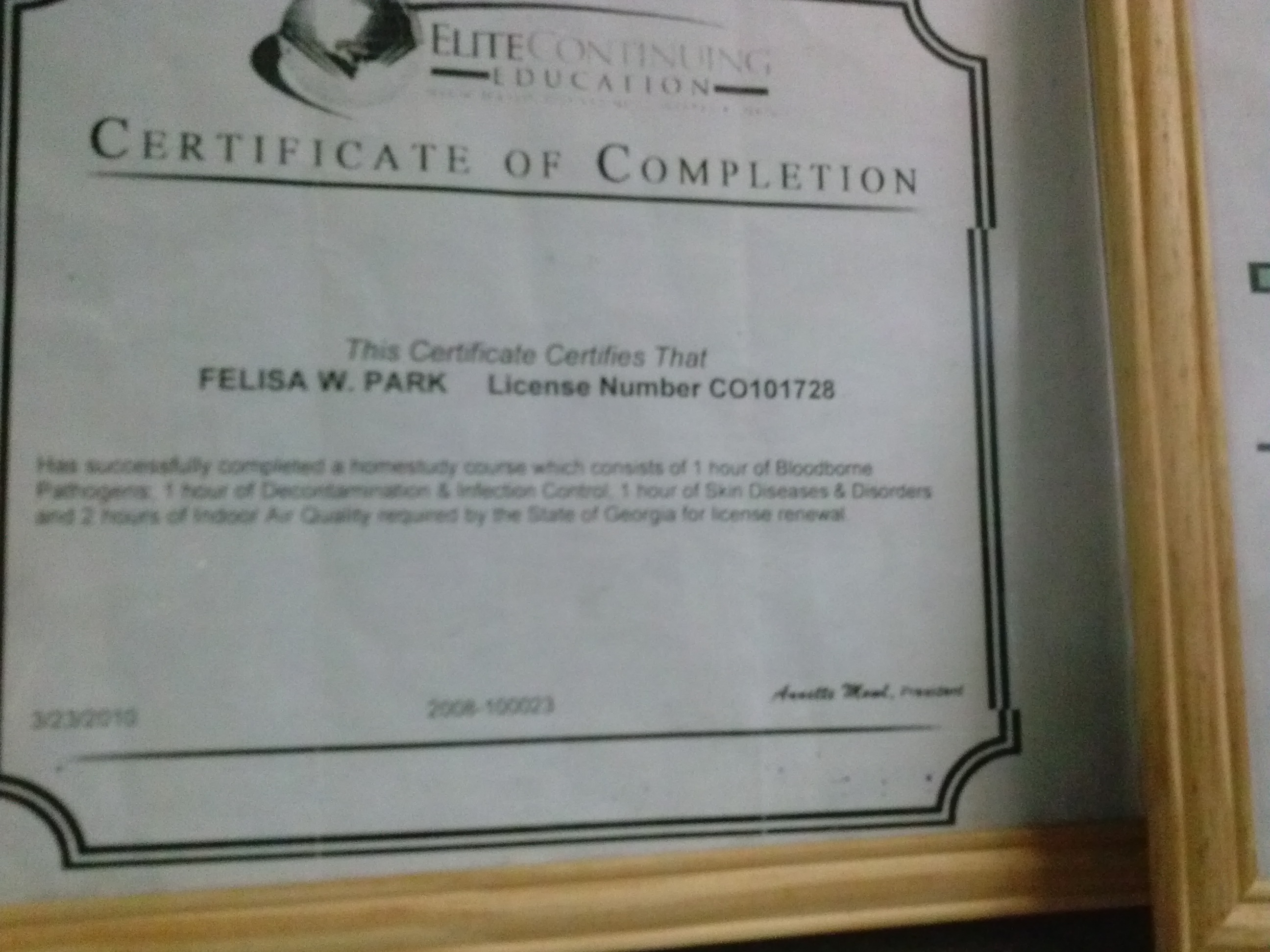 Her certificate