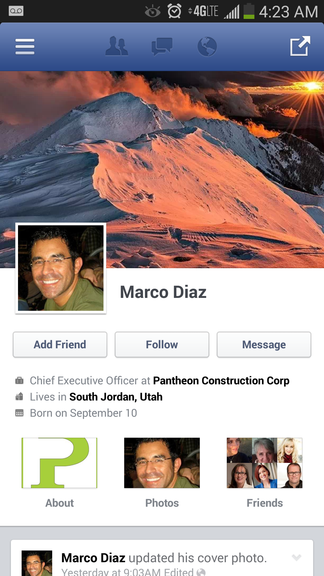 Marcos Diaz profile shows as owner of Pantheon Construction