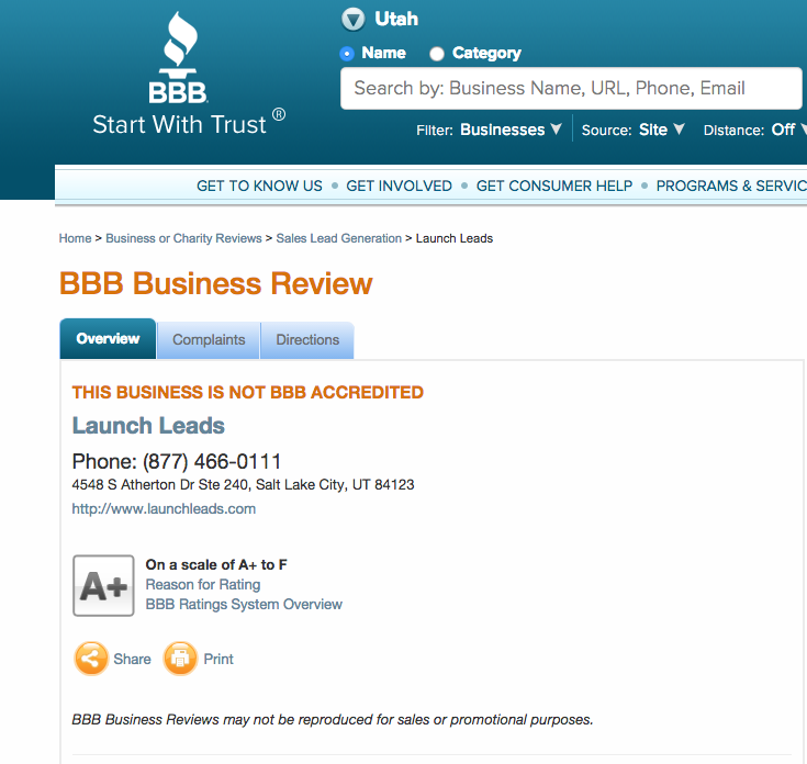 A+ rating from BBB for LaunchLeads